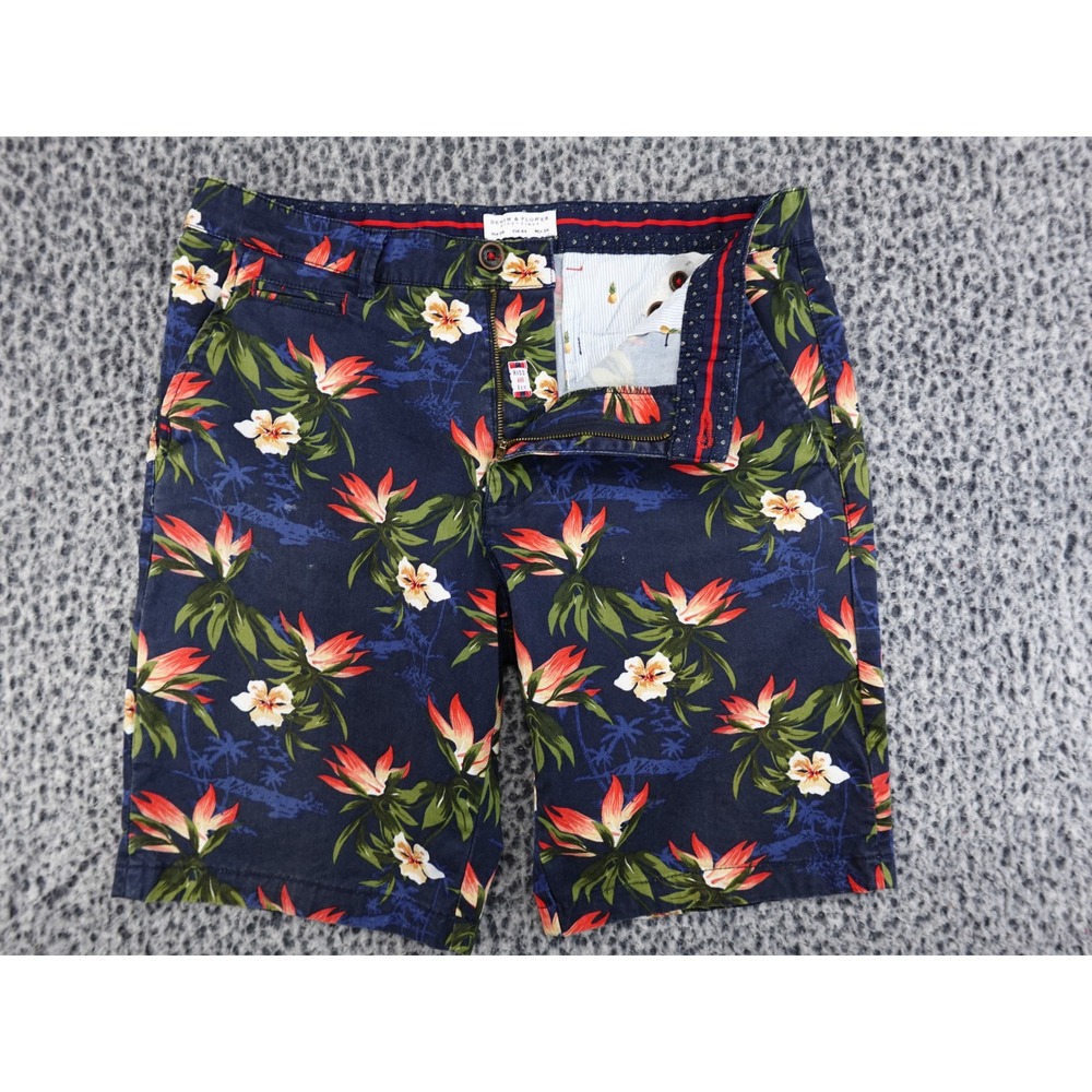 Denim & Flower Shorts‎ Mens 34 Navy Floral Excellent Tropical Bird of Paradise